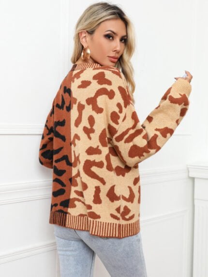 Wholesale Leopard Colorblock Button Cardigan Knitted Sweater