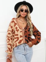 Wholesale Leopard Colorblock Button Cardigan Knitted Sweater