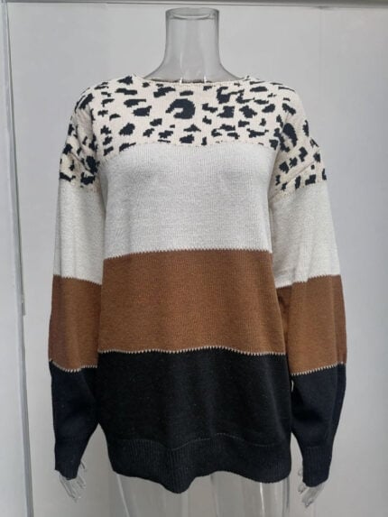 Leopard Colorblock Long Sleeve Knitted Sweater