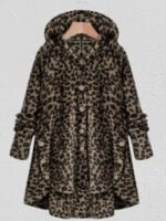 Leopard Fleece Button-Down Hoodie Coat