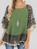 Wholesale Leopard Floral Panel Doll Sleeve Top