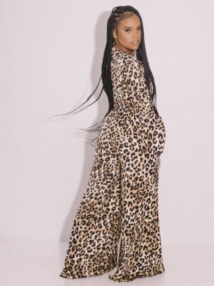 Leopard Lace-up Top and Wide-leg pants set