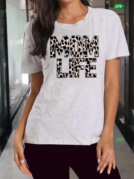 Leopard MOM LIFE Letter Print T-Shirt