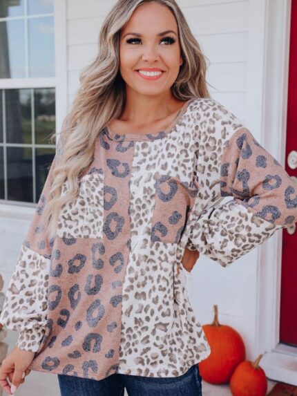 Leopard Panel Casual Long Sleeve Top