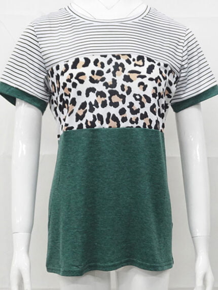 Leopard Panel Striped Casual T-Shirt