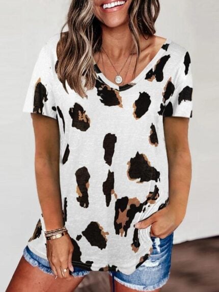 Leopard Print Casual V-Neck T-Shirt