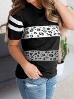 Leopard Print Colorblock Short Sleeve T-Shirt-Wholesale