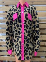 Wholesale Leopard Print Contrast Panel Plush Jacket