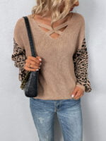 Leopard Print Cross Cutout Sweater