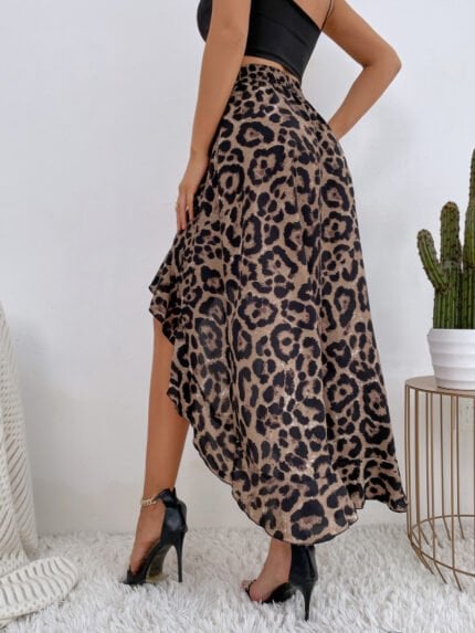 Leopard Print Elastic Waist Irregular Skirt