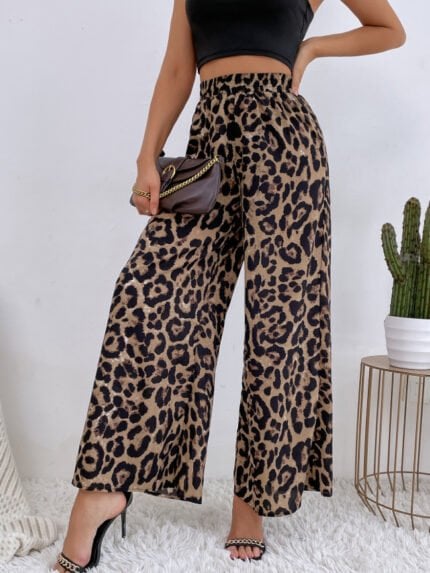 Leopard Print Elastic Waist Wide Leg Pants