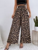 Leopard Print Elastic Waist Wide Leg Pants