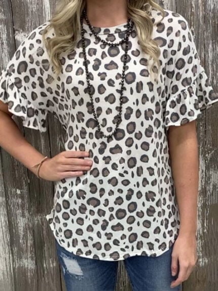 Wholesale Leopard Print Ruffle Sleeves Casual T-Shirt