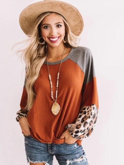 Leopard Print Stitching Bubble Sleeve Top