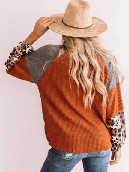 Leopard Print Stitching Bubble Sleeve Top