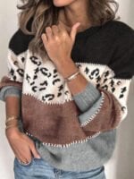 Leopard Print Stitching Pullover Sweater