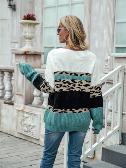 Leopard Print Stitching V-neck Sweater