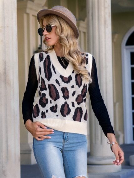 Leopard Print V-Neck Vest Sweater