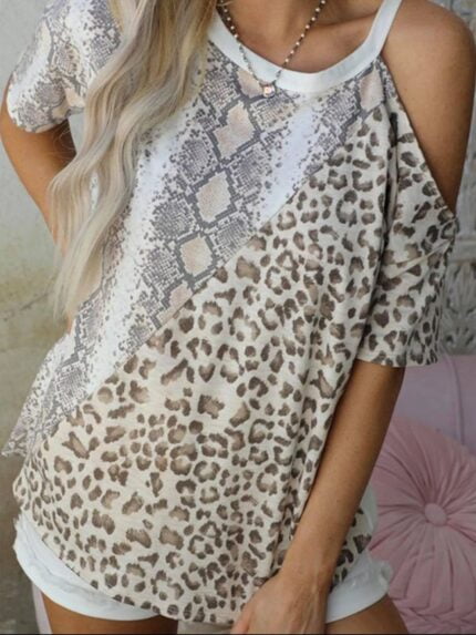 Leopard Snake Print Panel T-Shirt-Wholesale