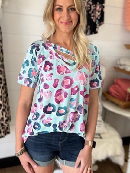 Leopard V-Neck Cutout Casual T-Shirt