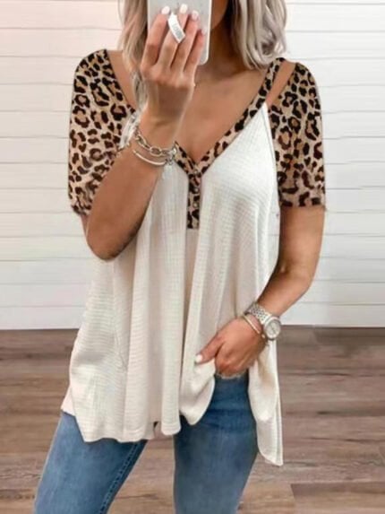 Leopard V-Neck Cutout Short Sleeve Top