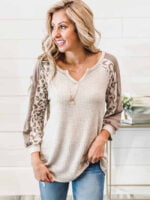 Leopard panel V-neck long-sleeve top