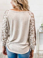 Leopard panel V-neck long-sleeve top