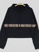 Leopard panel hooded drawstring top