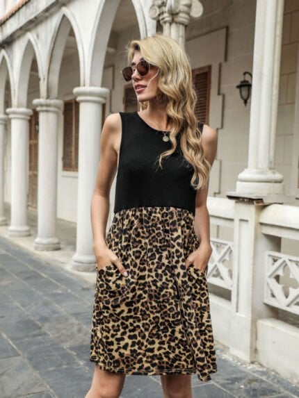 Leopard-panel sleeveless dress