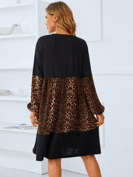 Leopard-paneled puff-sleeve dress