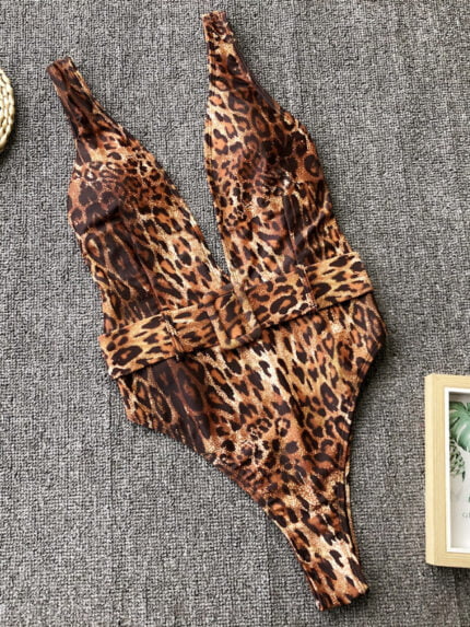 Wholesale Leopard print Deep V One Piece Swimsuit