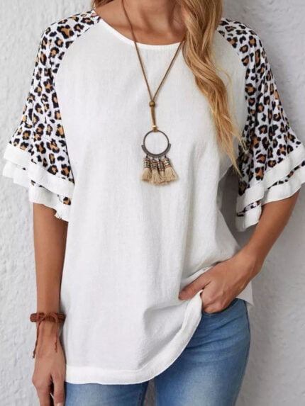 Wholesale Leopard-print crew-neck paneled T-shirt