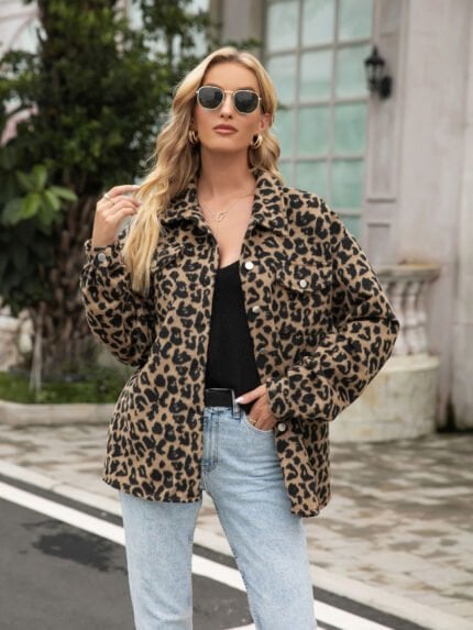 Leopard-print lapel long-sleeve jacket