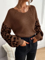 Leopard-print paneled thin sweater