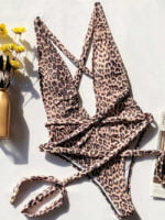 Wholesale Leopard-print panelled lace-up swimsuit