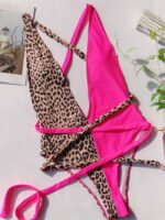 Wholesale Leopard-print panelled lace-up swimsuit