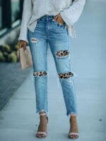 Leopard-print ripped high-rise jeans-Wholesale