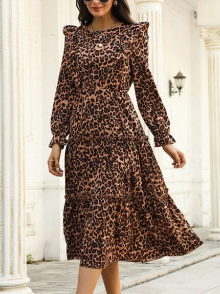 Leopard print ruffled long sleeve dress