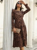 Leopard print ruffled long sleeve dress