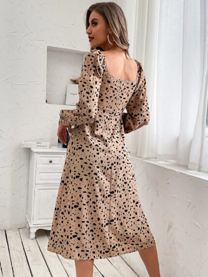 Leopard print v-neck slit dress