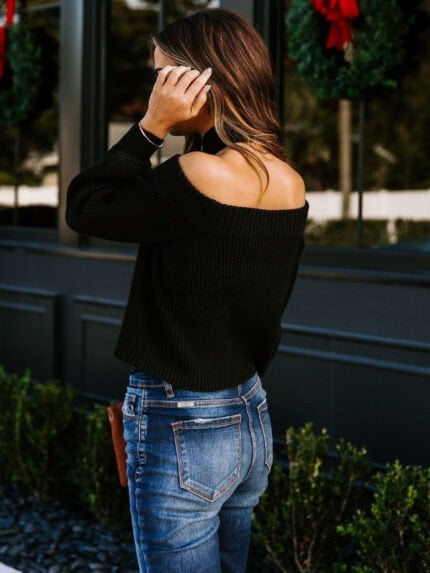 Whole Long Sleeve Off-Shoulder Solid Knit Sweater