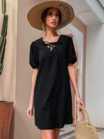 Loose lace-up puff sleeve dress