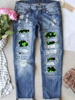 Lucky clover print panel jeans