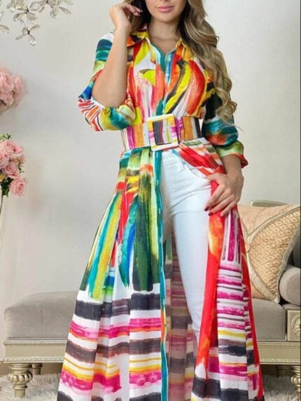 Multicolored Print Tie-Up Open Front Shirt Dress