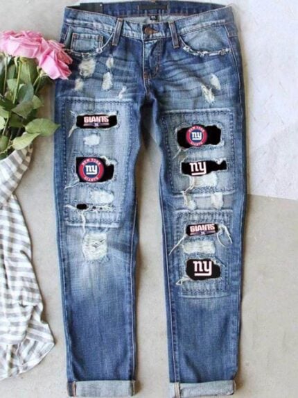 Ny Letter Print Patch Casual Jeans