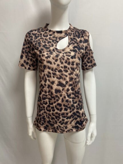 Off-Shoulder Leopard Print Cutout T-Shirt