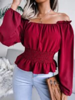 Off-the-shoulder ruffled chiffon shirt