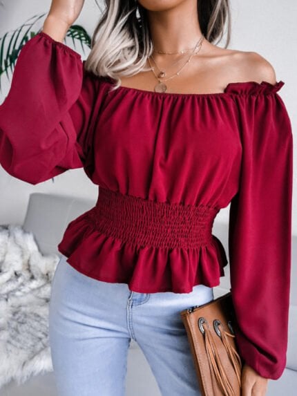 Off-the-shoulder ruffled chiffon shirt