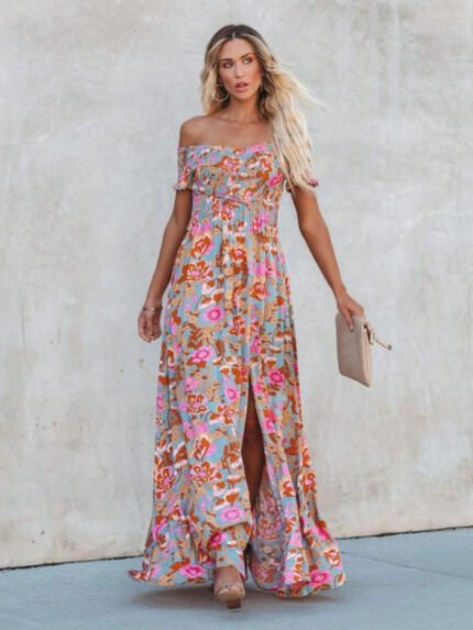 Off the shoulder strapless slit boho dress