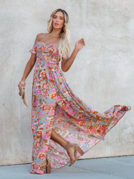 Off the shoulder strapless slit boho dress